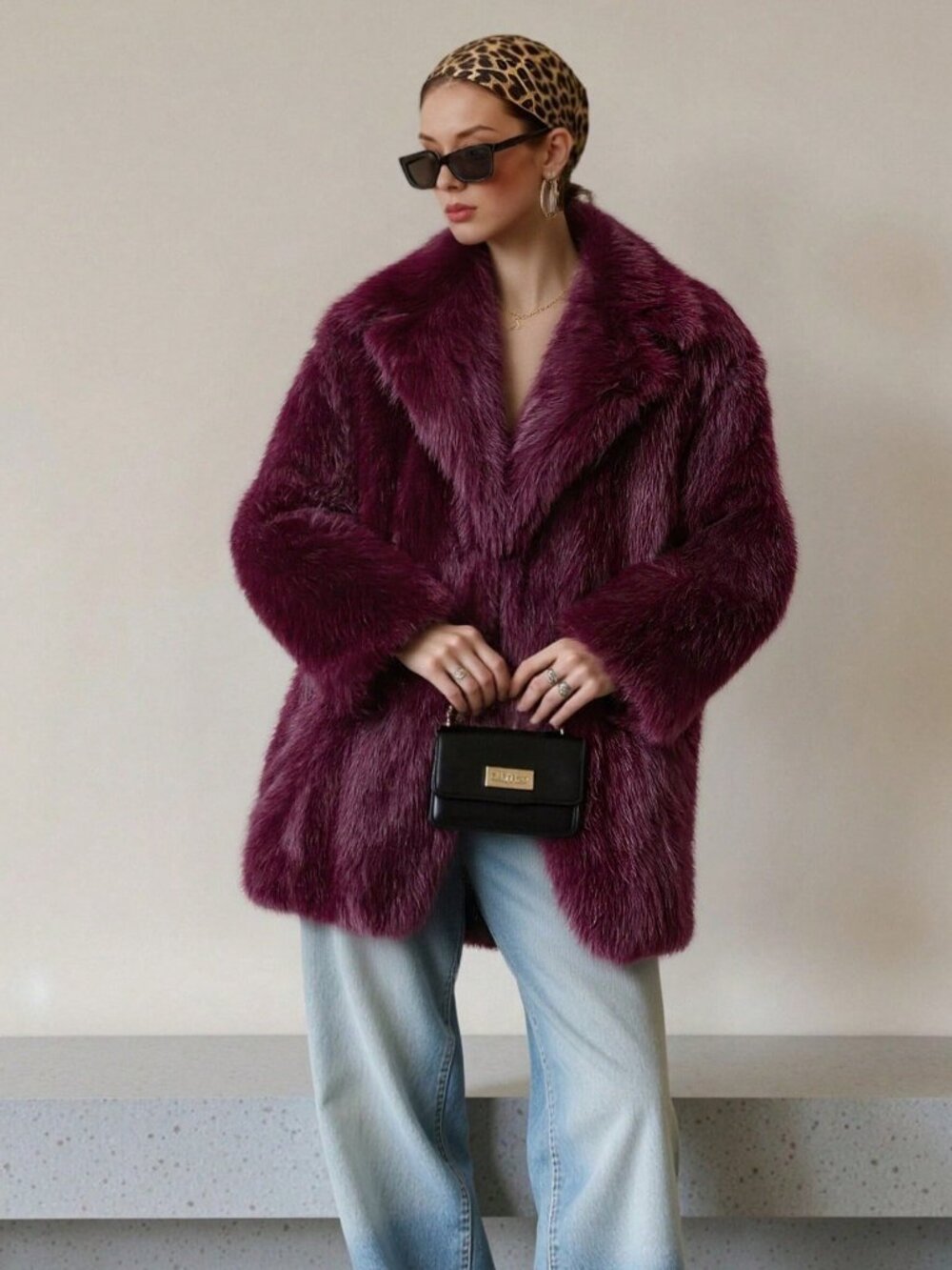 Burgundy Casual Women's Faux Fur teddy Warm Oversize Lapel Coat - Picture 9 of 10